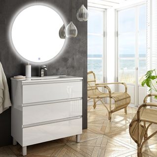 Meuble De Salle De Bain Simple Vasque - Palma Et Miroir Rond LED Solen - Blanc - 60cm