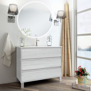Meuble De Salle De Bain Simple Vasque - Tiris 3c Et Miroir Rond LED Solen - Bois Blanchi - 80cm
