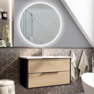 Meuble De Salle De Bain Simple Vasque - Alba Et Miroir Rond Solen - Noir - 80cm