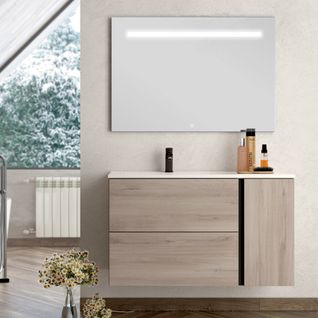 Meuble De Salle De Bain Vasque Déportée - Prado Et Miroir LED Stam - Oak (chêne Brut) - 100cm