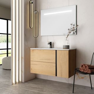 Meuble De Salle De Bain Vasque Déportée - Prado Et Miroir LED Stam - Roble (chêne Clair) - 80cm