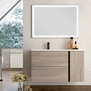 Meuble De Salle De Bain Vasque Déportée - Prado Et Miroir LED Veldi - Oak (chêne Brut) - 100cm