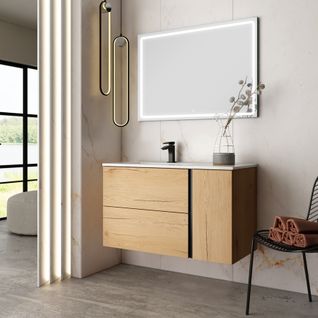 Meuble De Salle De Bain Vasque Déportée - Prado Et Miroir LED Veldi - Roble (chêne Clair) - 100cm