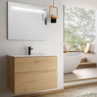 Meuble De Salle De Bain Simple Vasque - Mig Et Miroir LED Stam - Roble (chêne Clair) - 80cm