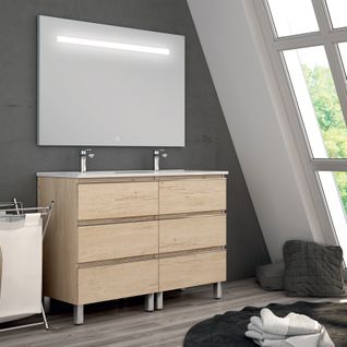 Meuble De Salle De Bain Double Vasque - Palma Et Miroir LED Stam - Bambou (chêne Clair) - 120cm