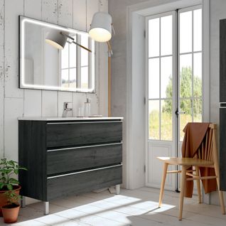 Meuble De Salle De Bain Simple Vasque - Palma Et Miroir LED Veldi - Ebony (bois Noir) - 60cm