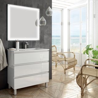 Meuble De Salle De Bain Simple Vasque - Palma Et Miroir LED Veldi - Blanc - 60cm