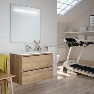 Meuble De Salle De Bain Simple Vasque - 2 Tiroirs - Toura Et Miroir LED Stam - 80cm