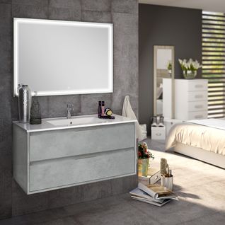 Meuble De Salle De Bain Simple Vasque - 2 Tiroirs - Iris Et Miroir LED Veldi - Ciment (gris) - 100cm