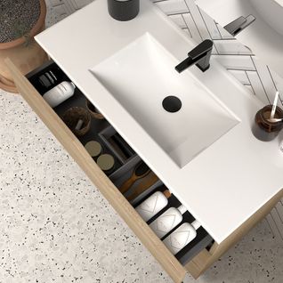 Meuble De Salle De Bain 60cm Simple Vasque - Sans Miroir - 3 Tiroirs - Bois Clair - Mata