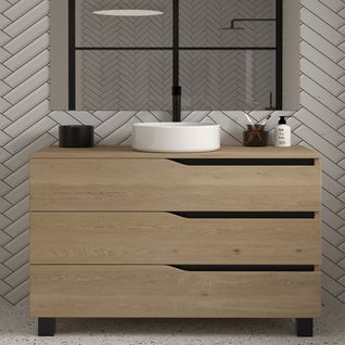 Meuble De Salle De Bain 120 Avec Cuve - Sans Miroir - 3 Tiroirs - Bois Clair - Mata