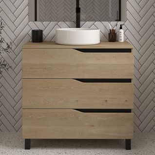Meuble De Salle De Bain 80 Avec Cuve - Sans Miroir - 3 Tiroirs - Bois Clair - Mata