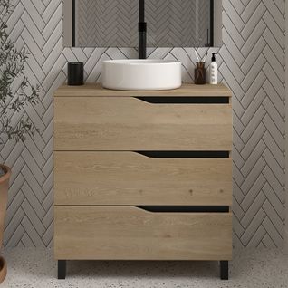 Meuble De Salle De Bain 60 Avec Cuve - Sans Miroir - 3 Tiroirs - Bois Clair - Mata