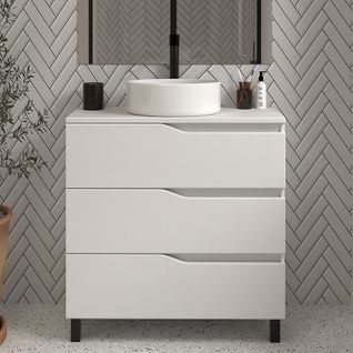 Meuble De Salle De Bain 60 Avec Plateau Et Cuve - Sans Miroir - 3 Tiroirs - Blanc - Mata