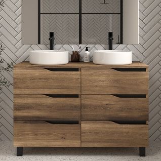 Meuble De Salle De Bain 120 Avec Plateau Et 2 Vasques à Poser - Tabaco (bois Foncé) - Mata
