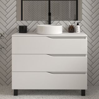 Meuble De Salle De Bain 100 Avec Plateau Et Vasque - 3 Tiroirs - Blanc - Mata