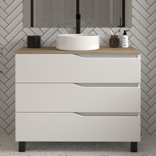 Meuble De Salle De Bain 100 Avec Plateau Miel Et Cuve - Sans Miroir - 3 Tiroirs - Blanc - Mata
