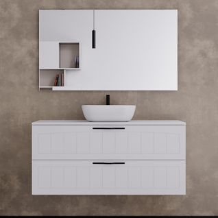 Meuble De Salle De Bain 120cm Avec Plateau Et Deux Vasques à Poser Ovales - 2 Tiroirs - Blanc - Pia