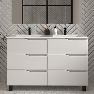 Meuble De Salle De Bain 140cm Double Vasque - 6 Tiroirs - Blanc - Mata