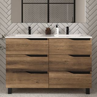 Meuble De Salle De Bain 140cm Double Vasque - 6 Tiroirs - Sans Miroir - Tabaco - Mata