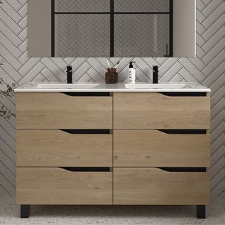 Meuble De Salle De Bain 140cm Double Vasque - 6 Tiroirs - Sans Miroir - Madera Miel - Mata