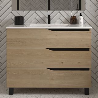 Meuble De Salle De Bain 90cm Simple Vasque - 3 Tiroirs - Madera Miel (chêne Clair) - Mata