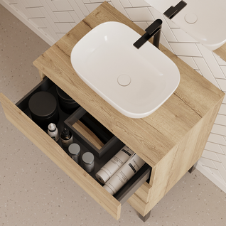 Meuble De Salle De Bain 90cm  Plateau Et Cuve - 3 Tiroirs - Sans Miroir - Chêne Clair - Mata