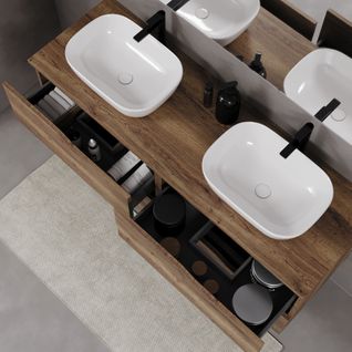 Meuble De Salle De Bain 140cm Avec Plateau Et Cuves - 4 Tiroirs - Sans Miroir - Tabaco - Luna