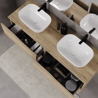 Meuble De Salle De Bain 140cm Avec Plateau Et Cuves - 4 Tiroirs - Sans Miroir - Chêne Clair - Luna