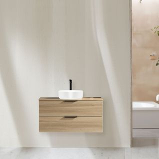 Meuble 120 Cm Chêne Clair Avec Vasque à Poser Blanc Brillant Aqualinea