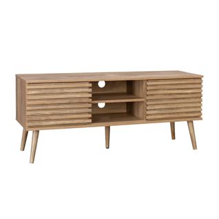 Meuble TV Scandinave Avec 2 Portes Décor Bois Rainuré Et 1 Niche Centrale Avec Étagère L120cm