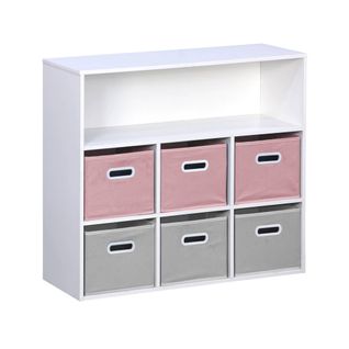 Meuble De Rangement Pour Enfant Avec 7 Compartiments Et 3 Paniers Roses Et 3 Paniers Gris