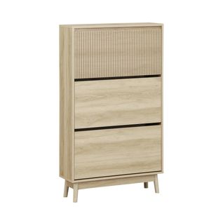 Meuble à Chaussures Scandinave Décor Bois Clair 3 Portes Abattantes Capacité 18 Paires De