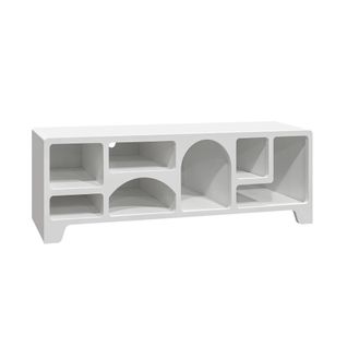 Meuble TV Organique Effet Bois Blanc 160cm Avec Plusieurs Niches 7 Compartiments De Rangement