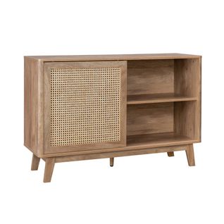 Petit Buffet Avec 1 Porte Coulissante Et Étagères. Effet Bois Et Détails Cannage. Buffet Bas. 120cm