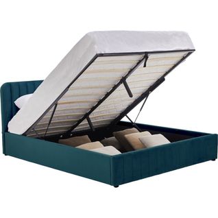 Lit Coffre Adulte 140x190 Cm Avec Tête De Lit Capitonnée En Velours Bleu - Ava