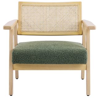 Fauteuil En Tissu Bouclé Vert Et Cannage Naturel - Tim