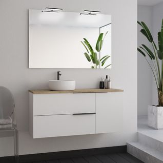 Meuble De Salle De Bain 100cm Avec Vasque à Poser Ronde Et Miroir Avec Appliques - Blanc - King