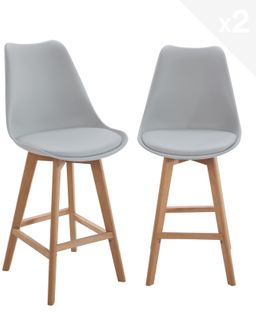 Lot 2 Chaises De Bar Scandinaves 70cm Large Siège Coussin Simili Pieds Bois Tika (gris)