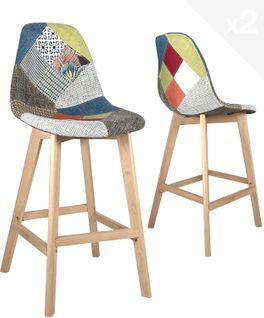 Lot 2 Chaise De Bar 67cm Patchwork Tissu Large Siège Rembourré Pieds Bois Slick (floral)