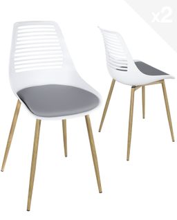 Lot 2 Chaises De Cuisine Dossier Ajouré Coussin Simili Pieds Métal Ton Bois Clair Geos (blanc Gris)