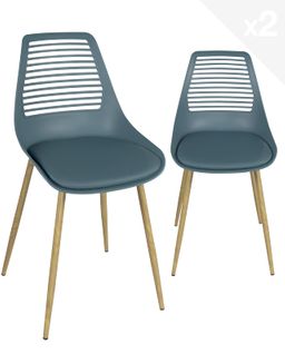 Lot 2 Chaises De Cuisine Dossier Ajouré Coussin Simili Pieds Métal Ton Bois Clair Geos (bleu)
