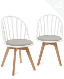 Lot 2 Chaises Bistrot à Barreaux Scandinaves Coussin Simili Pieds Bois Clair Bold (blanc Gris)