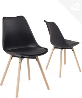 Lot 2 Chaises Scandinaves Cuisine Coussin Simili Pieds Bois Clair Mia (noir)
