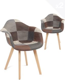 Lot De 2 Chaises Scandinaves à Accoudoir Patchwork Rembourré Pieds Bois Clair Neda (gris Bleu)