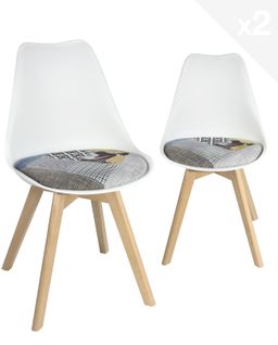 Lot 2 Chaises Scandinaves Coussin Tissu Patchwork Rembourré Pieds Bois Clair Lao (floral)