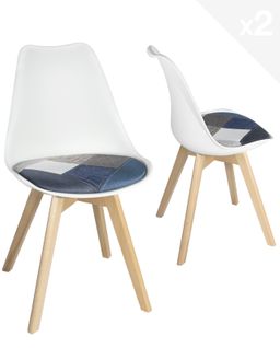 Lot 2 Chaises Scandinaves Coussin Tissu Patchwork Rembourré Pieds Bois Clair Lao (bleu)