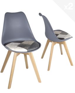 Lot 2 Chaises Scandinaves Coussin Simili Patchwork Rembourré Pieds Bois Clair Lao (gris Bleu)