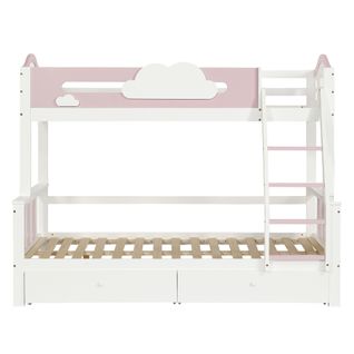 Lit Superposé 90x200cm Et 140x200cm Avec Échelle Et 2 Tiroirs - Bois De Pin Et Mdf - Blanc Et Rose