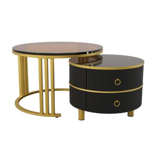 Lot De 2 Tables Basses Gigognes Avec 2 Tiroirs - Plateau En Verre Trempé Marron - Noir